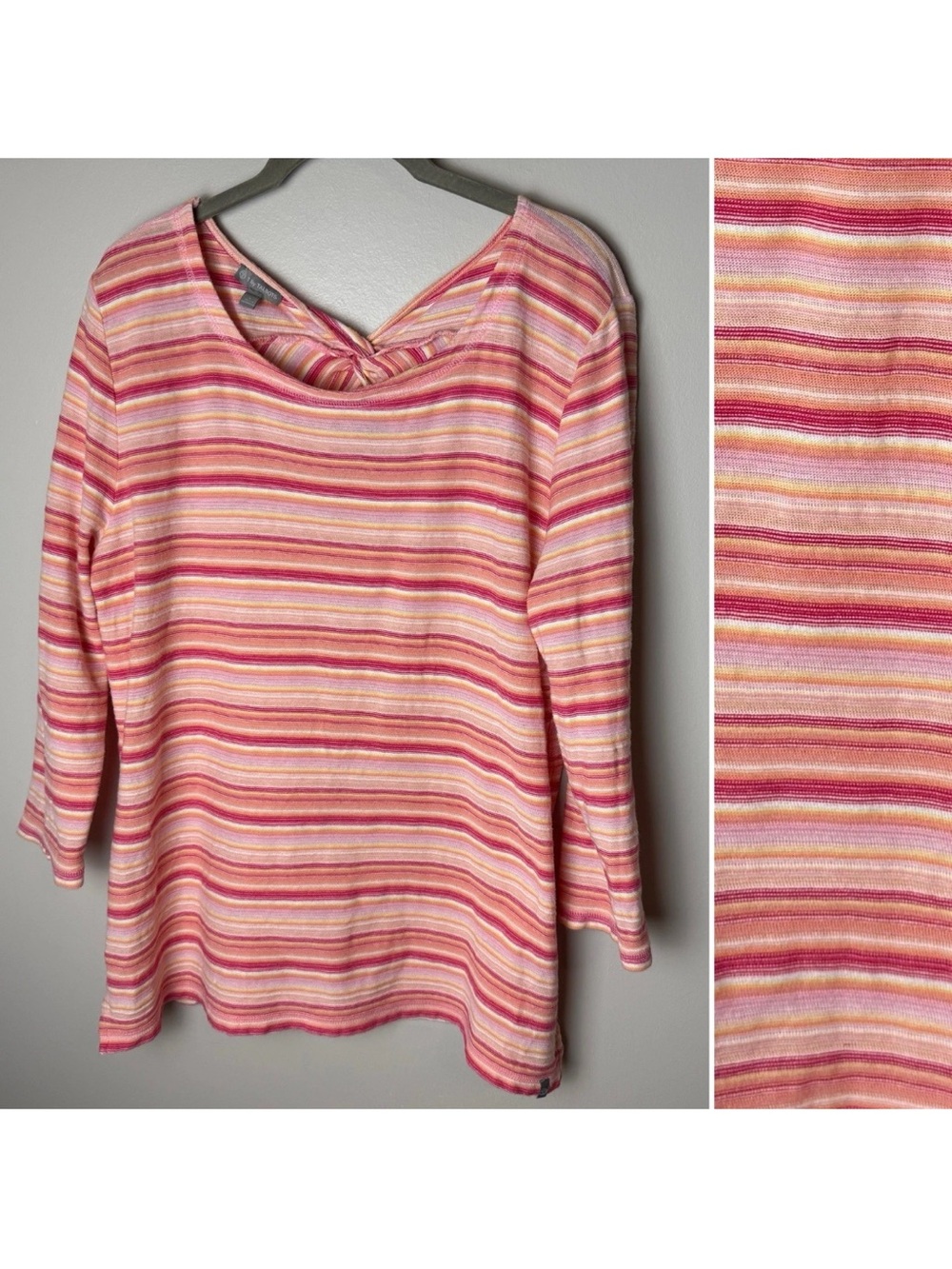T by Talbots Top Size Large Multicolor Striped Twist Back 3/4 Sleeves Cotton